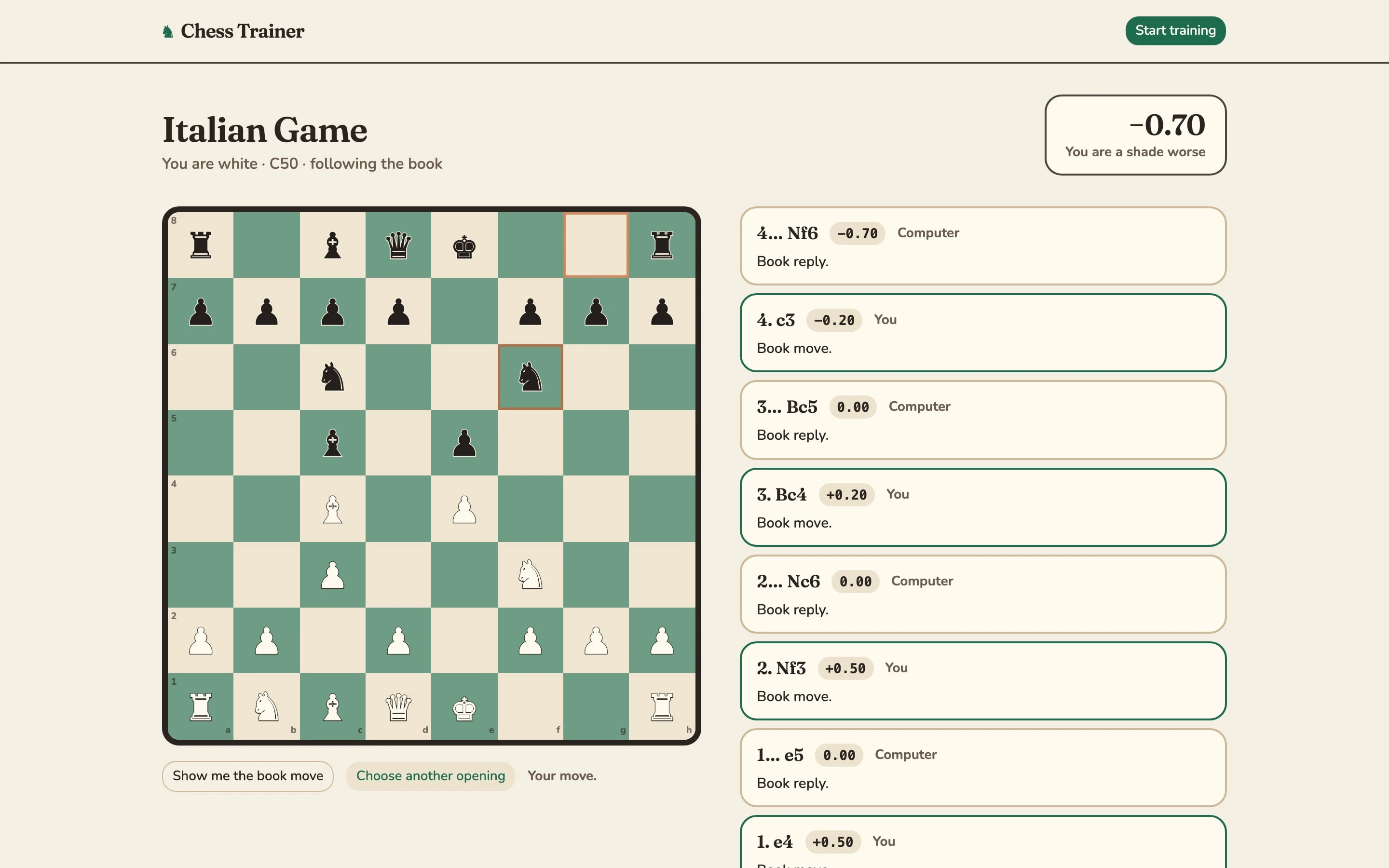 Specific Training Practice: the Italian Game, each move marked as a book move