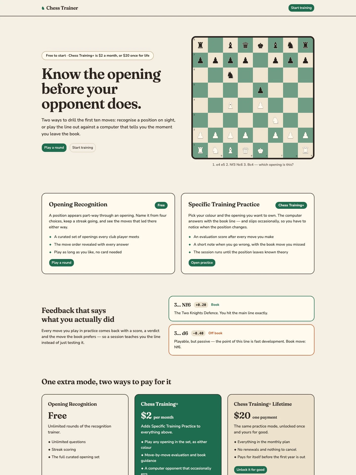 The top of the Chess Trainer home page