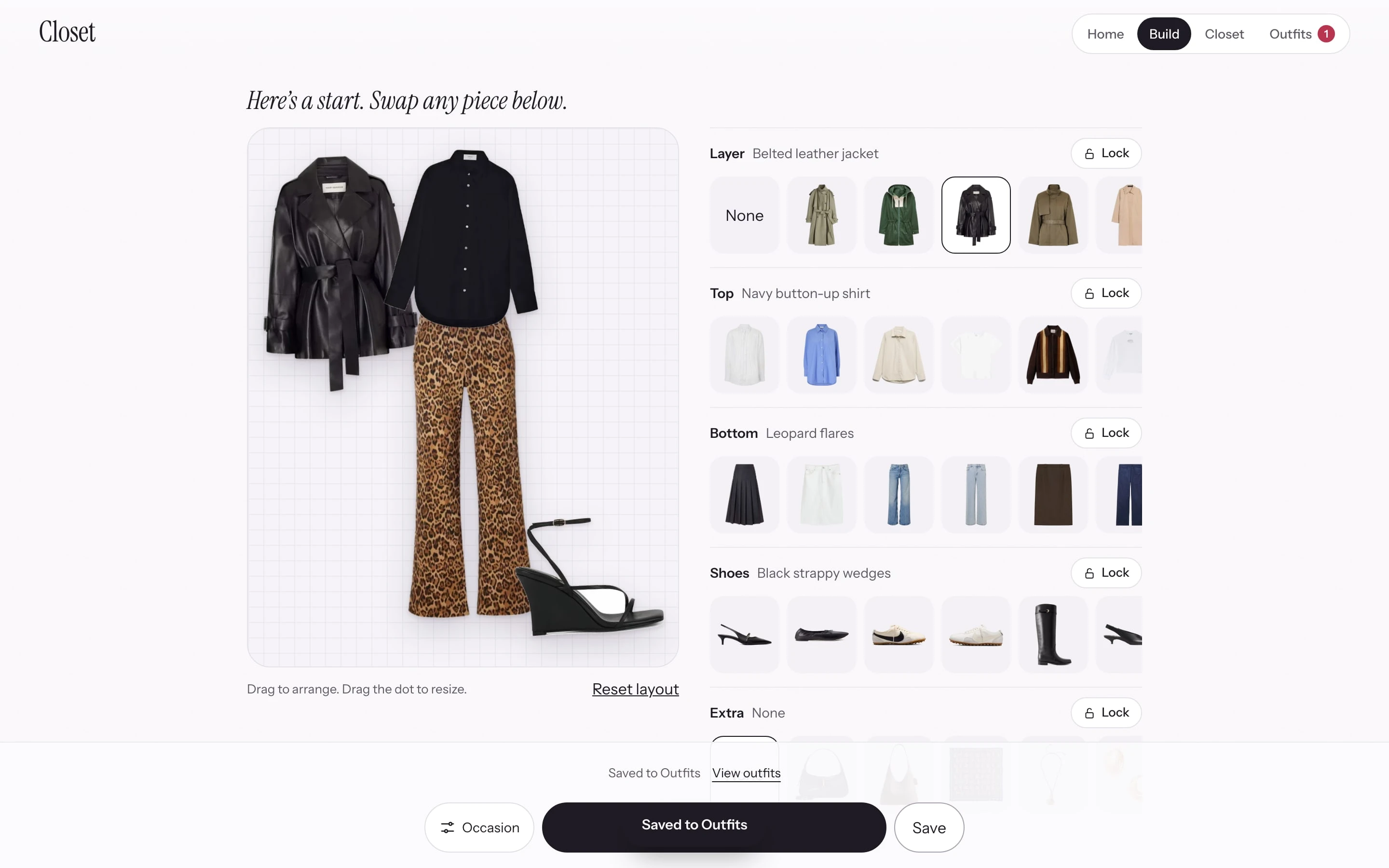 The outfit builder with a jacket, shirt, trousers and shoes