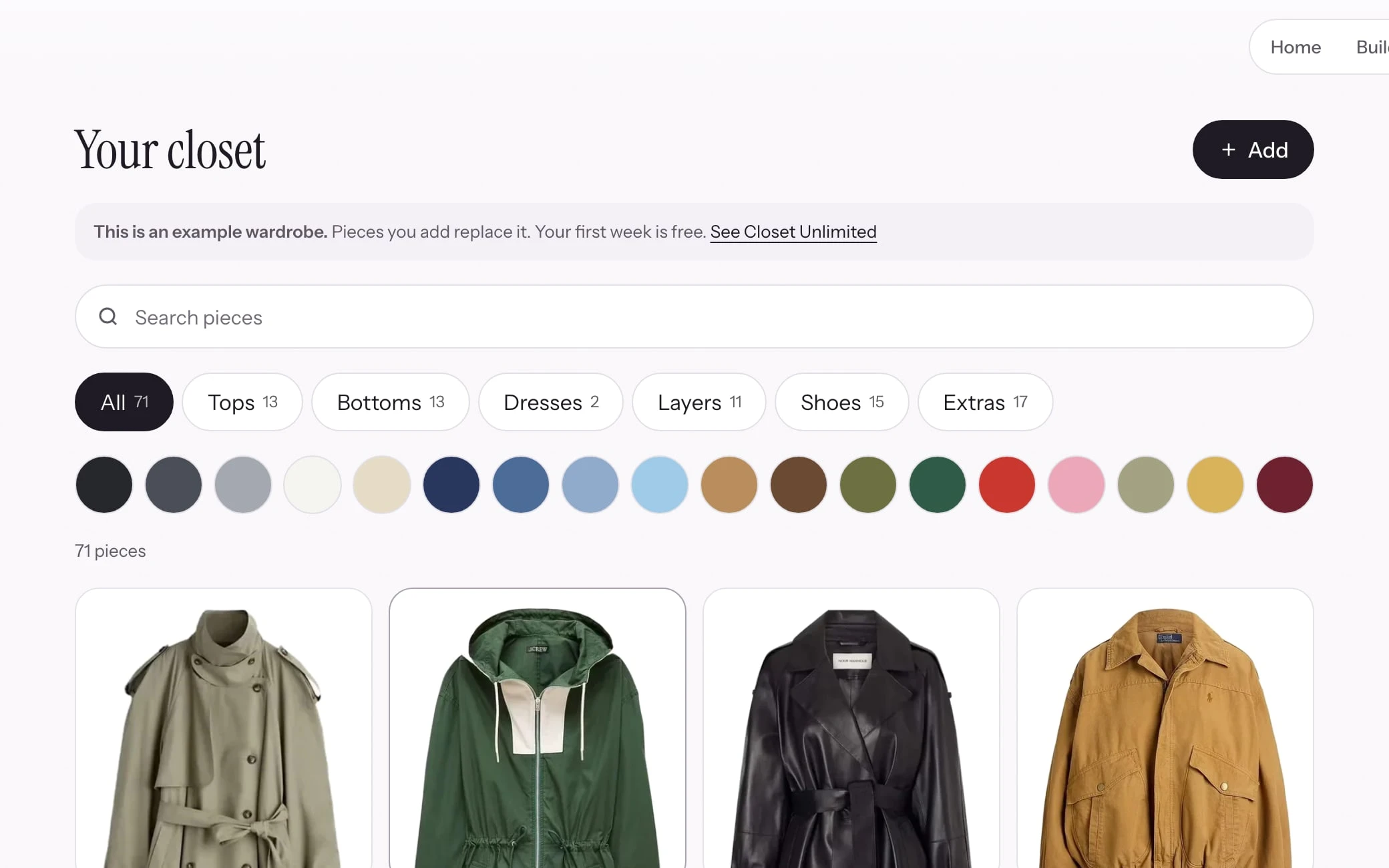 Your closet: 71 pieces with filters by type and color