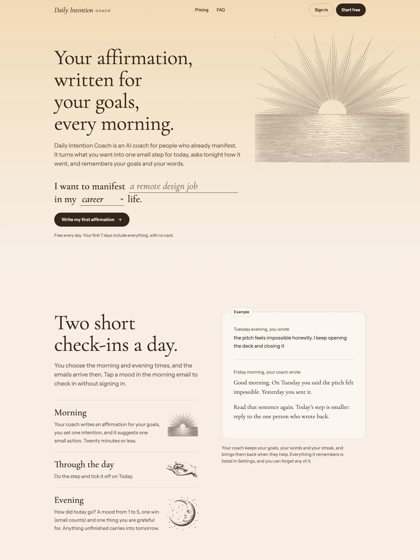 The top of the Daily Intention Coach home page