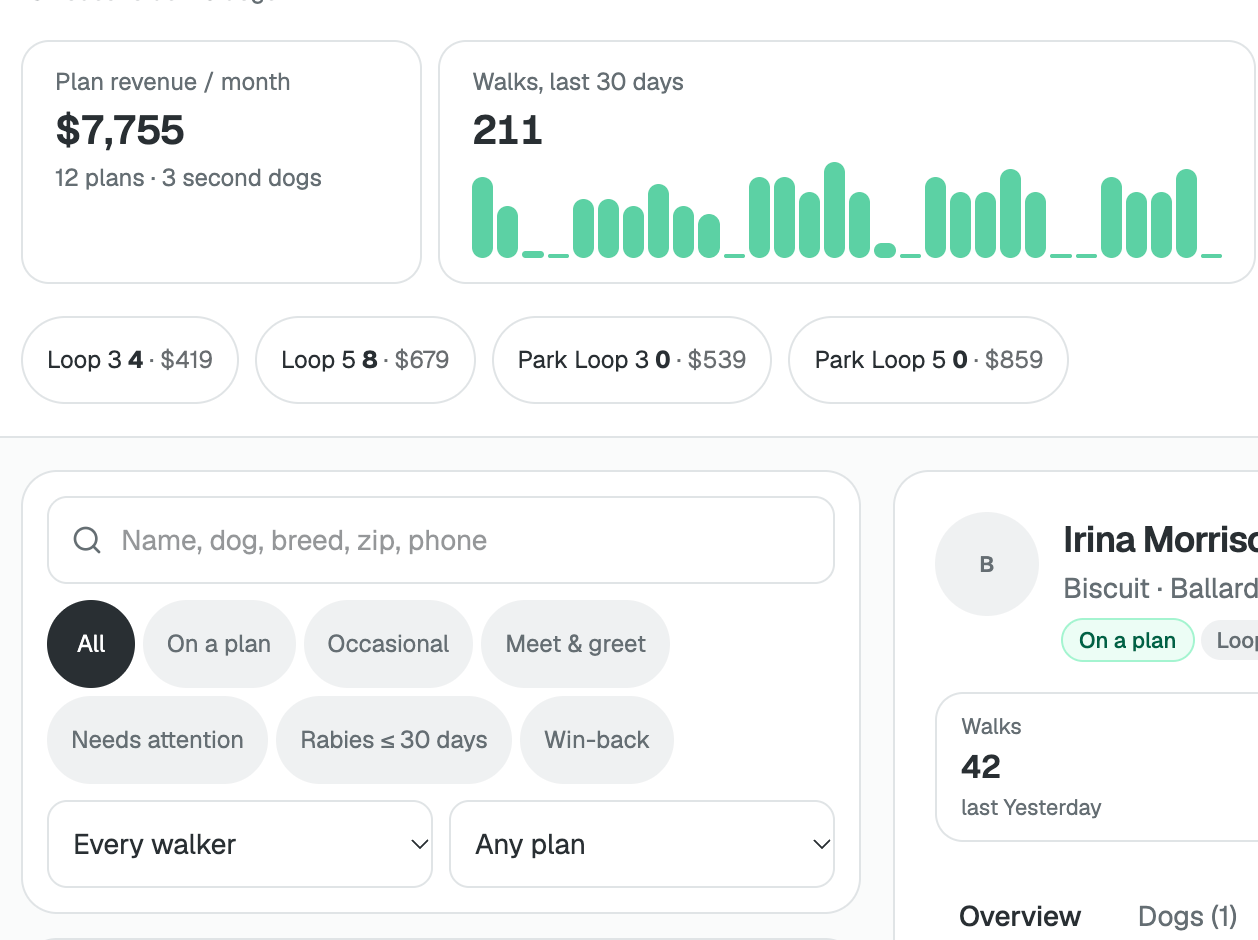 Clients & dogs: plan revenue, walks and tips above the household list