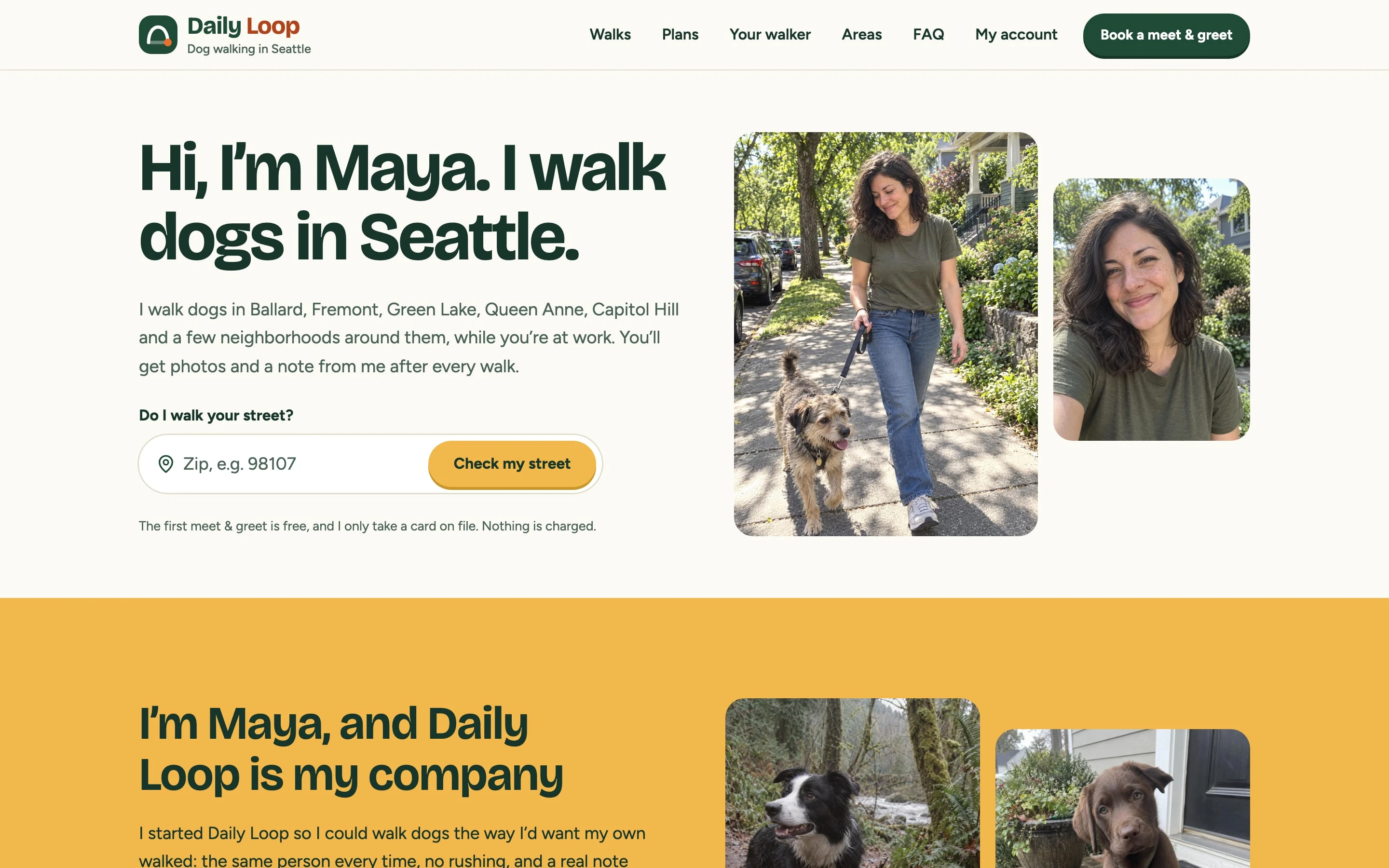 The home page: Hi, I'm Maya. I walk dogs in Seattle