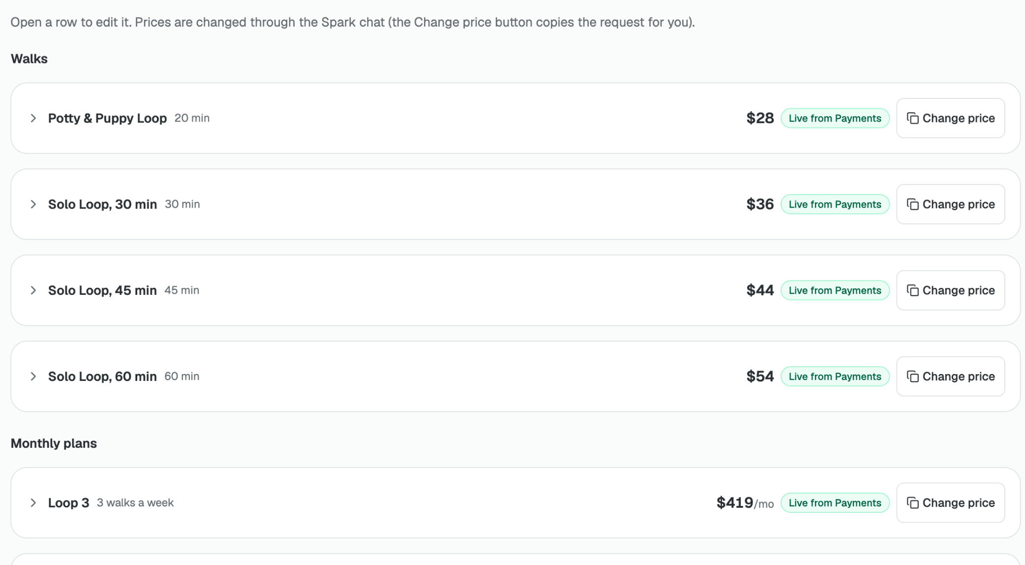 Services & pricing: the walk types and their lengths
