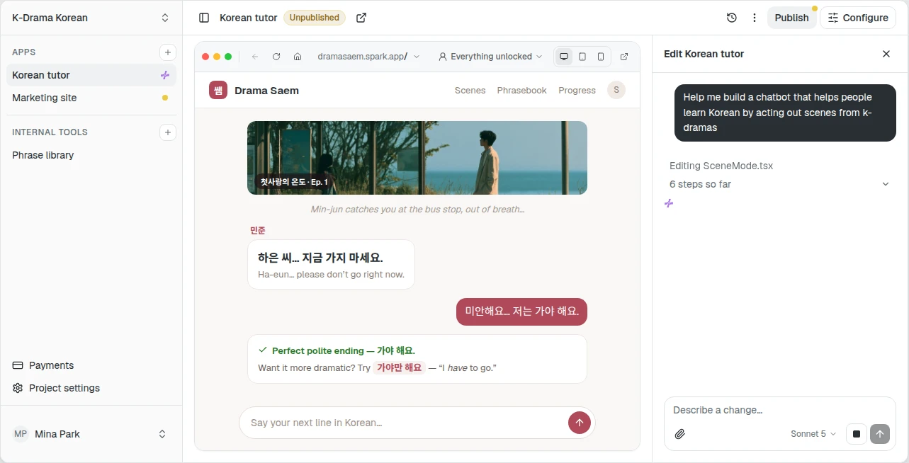 The Spark workspace: the Drama Saem preview running a k-drama scene beside the build conversation