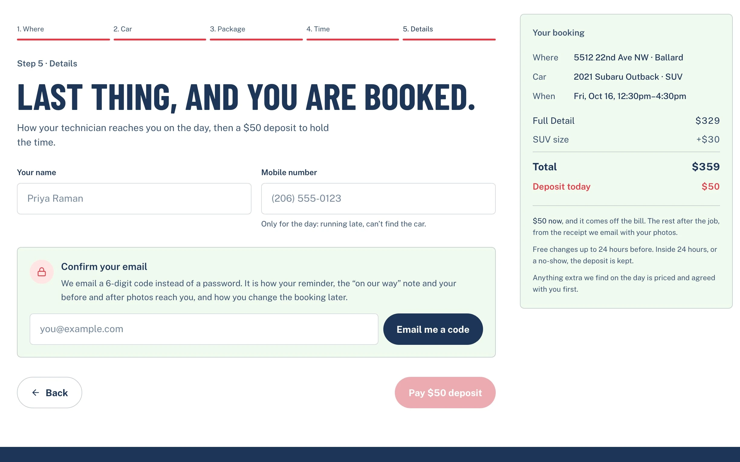 The last booking step: name, phone and email beside the booking summary with $50 deposit today