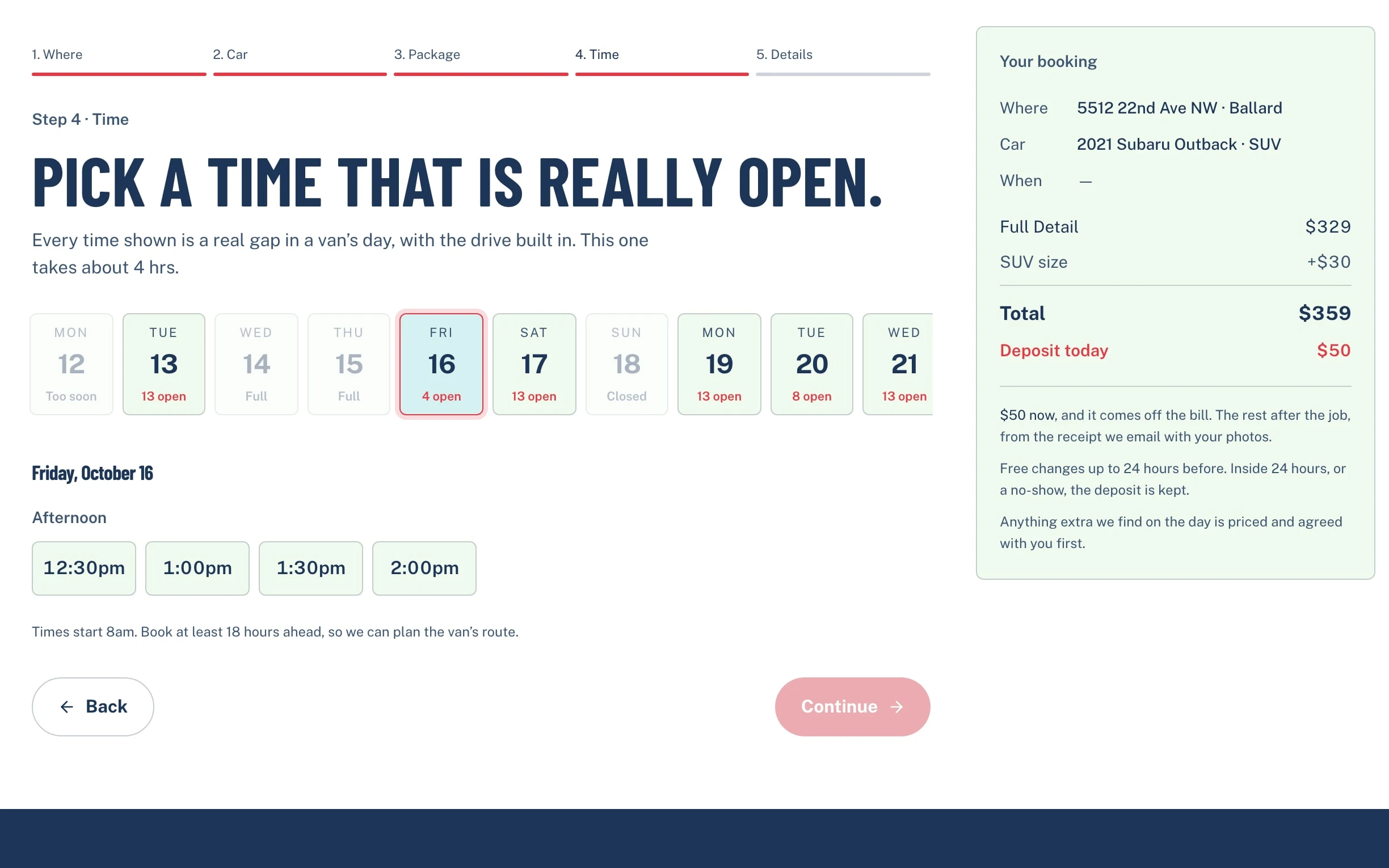 The booking page's time step: a week of days with open slots and Friday's afternoon times