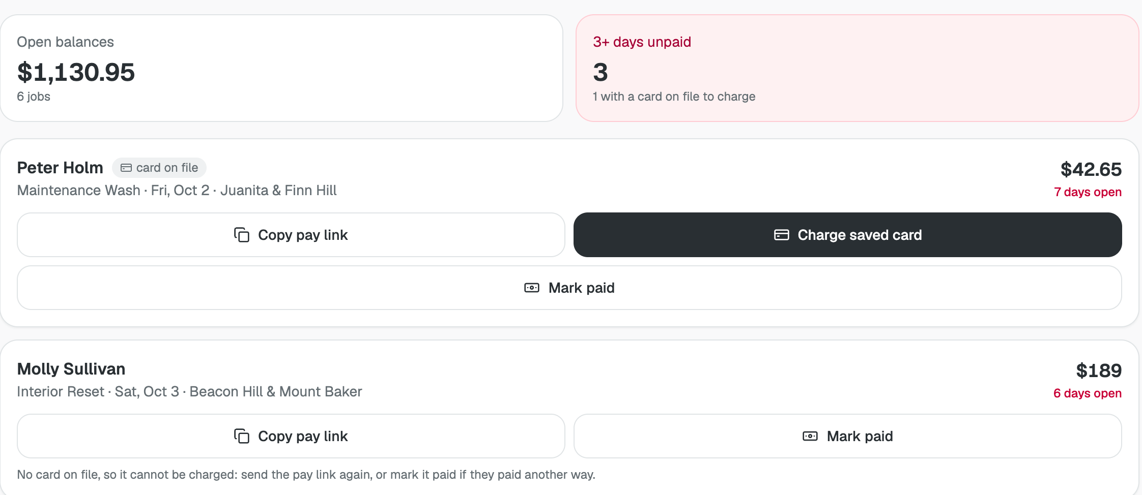 Jobs: open balances and the unpaid list, with pay link and saved-card buttons