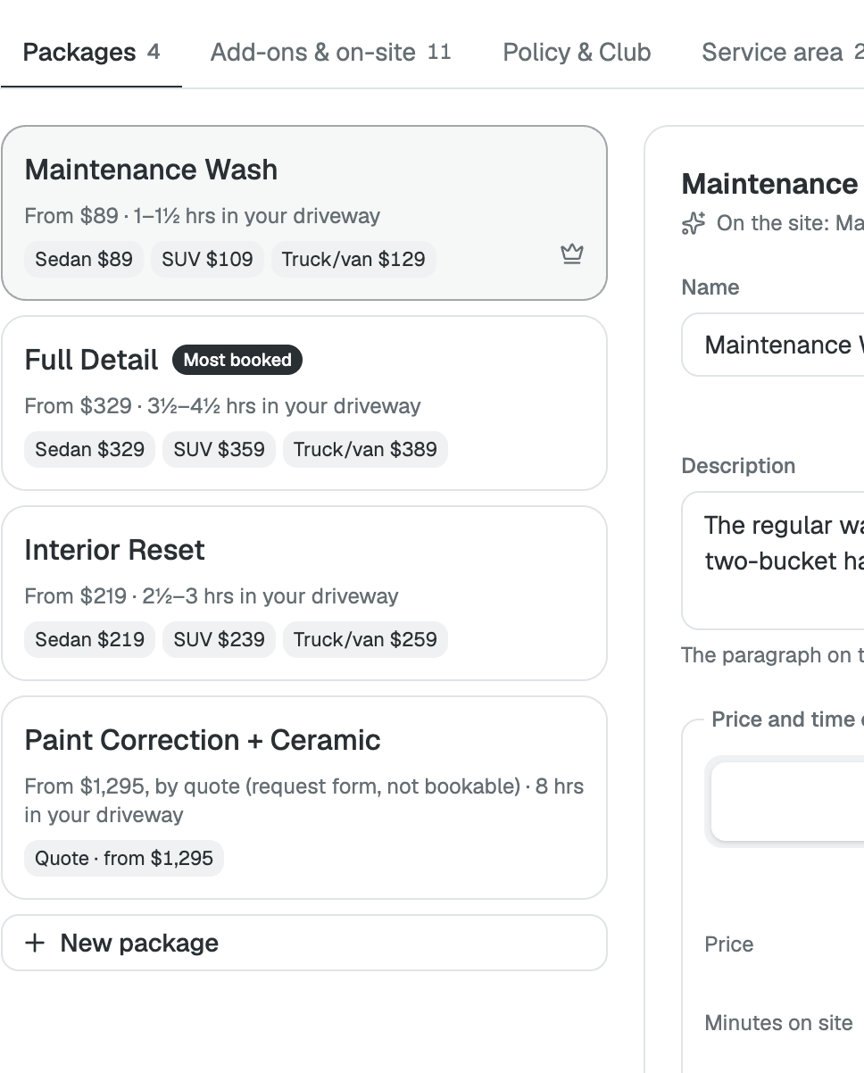 Services & pricing: the packages list with prices by vehicle size