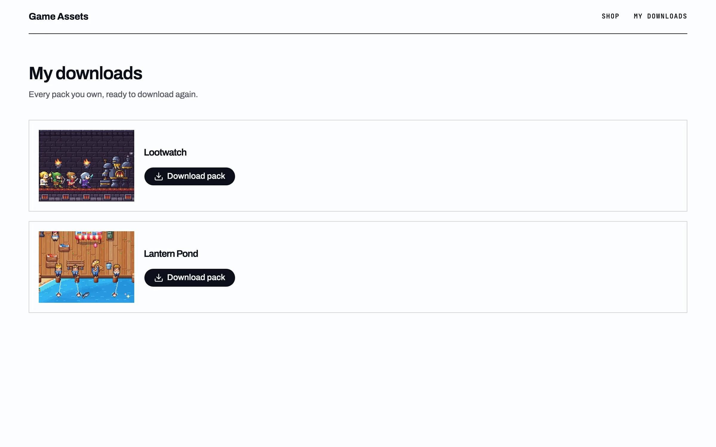 My downloads: Lootwatch and Lantern Pond with Download pack buttons