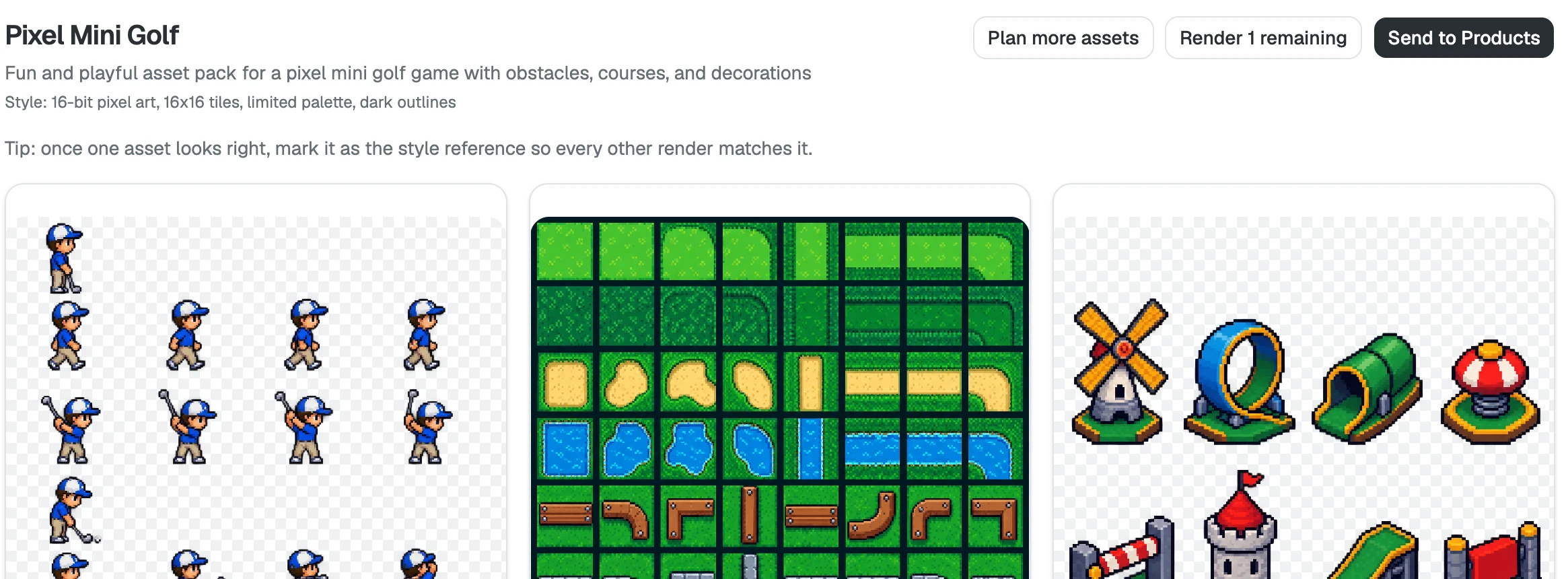 Pack generator: a Pixel Mini Golf pack with AI-generated pixel-art sprite sheets and tiles