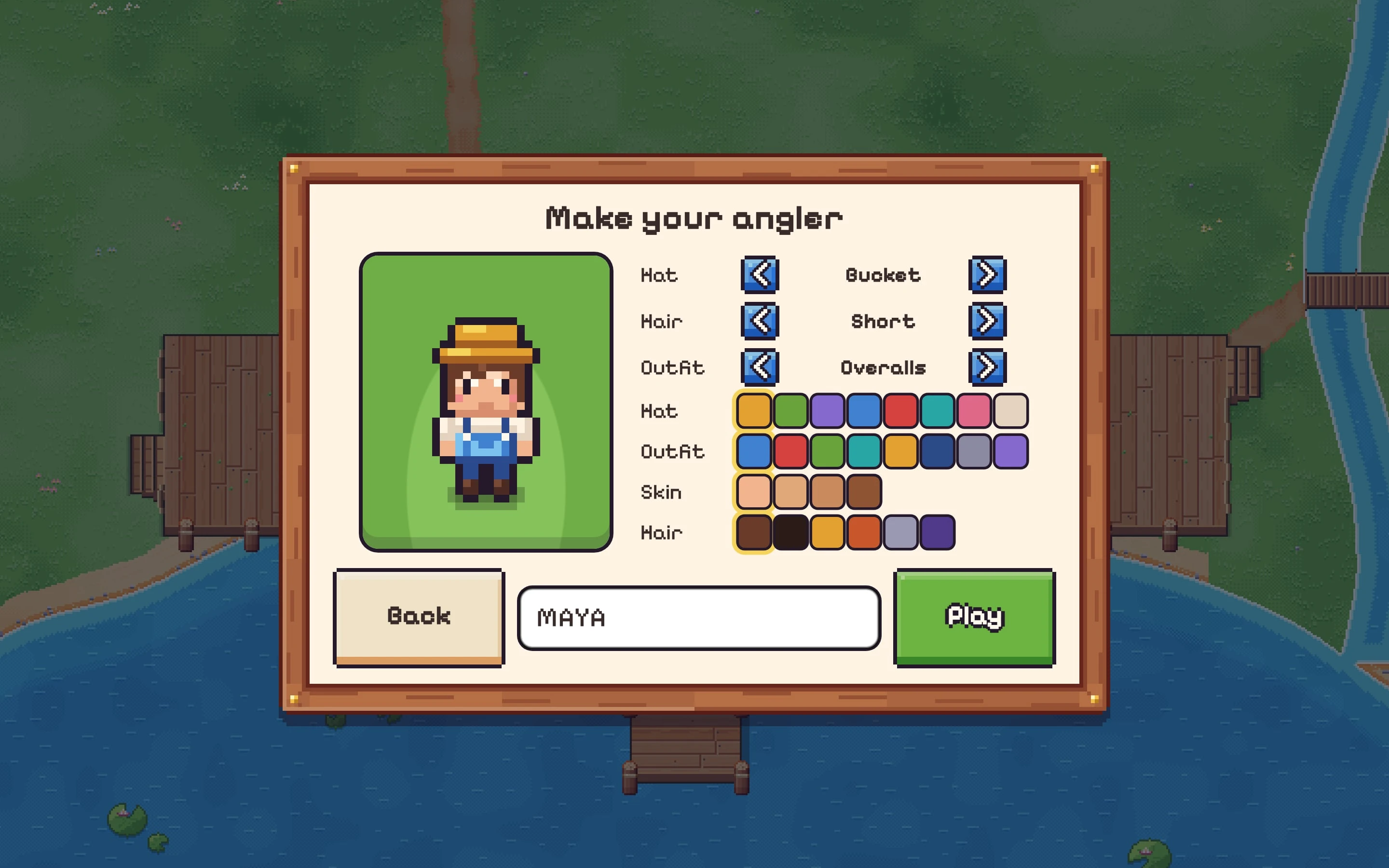 Make your angler: a pixel character with outfit choices