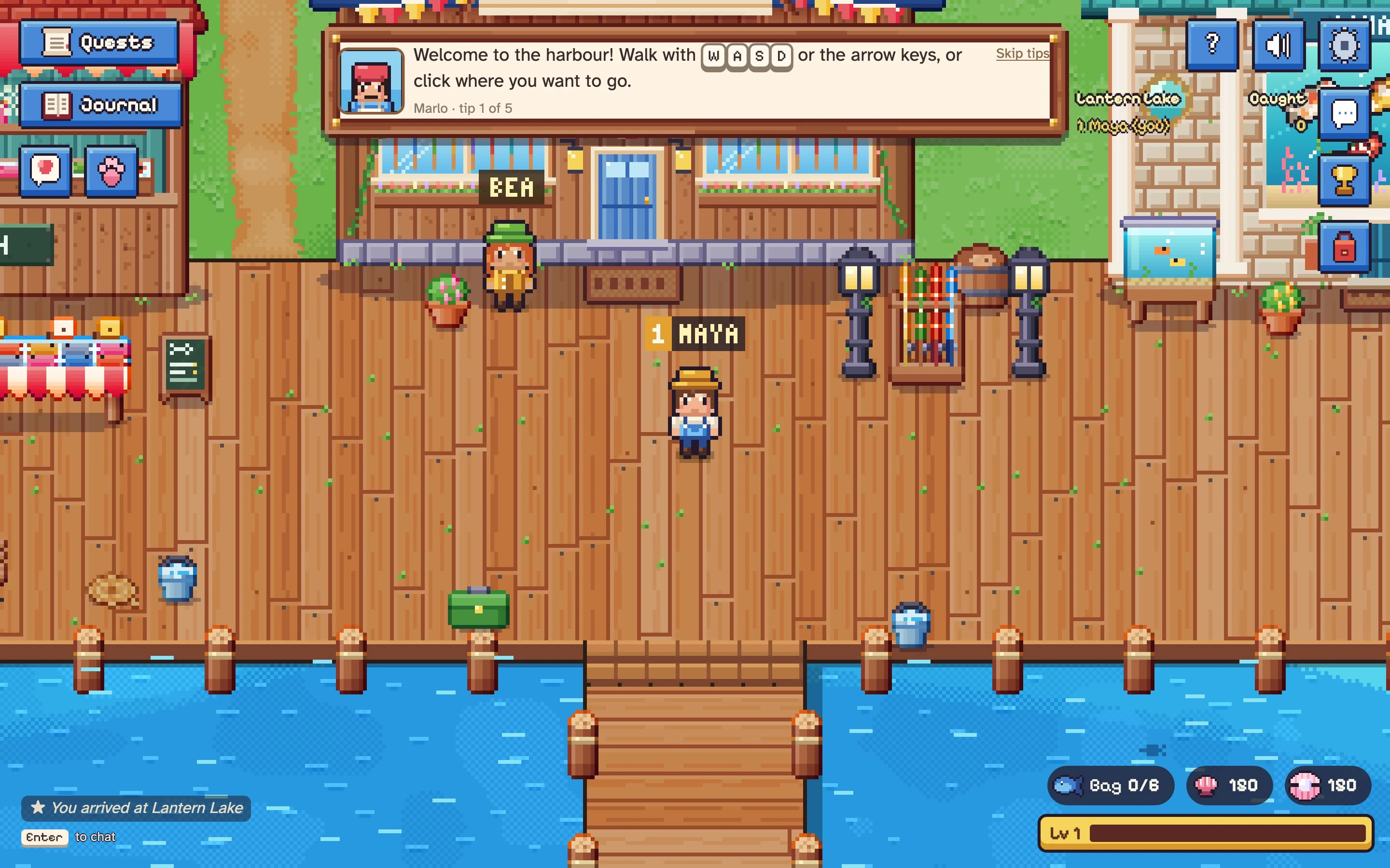 The harbour: shops, a pier and the player