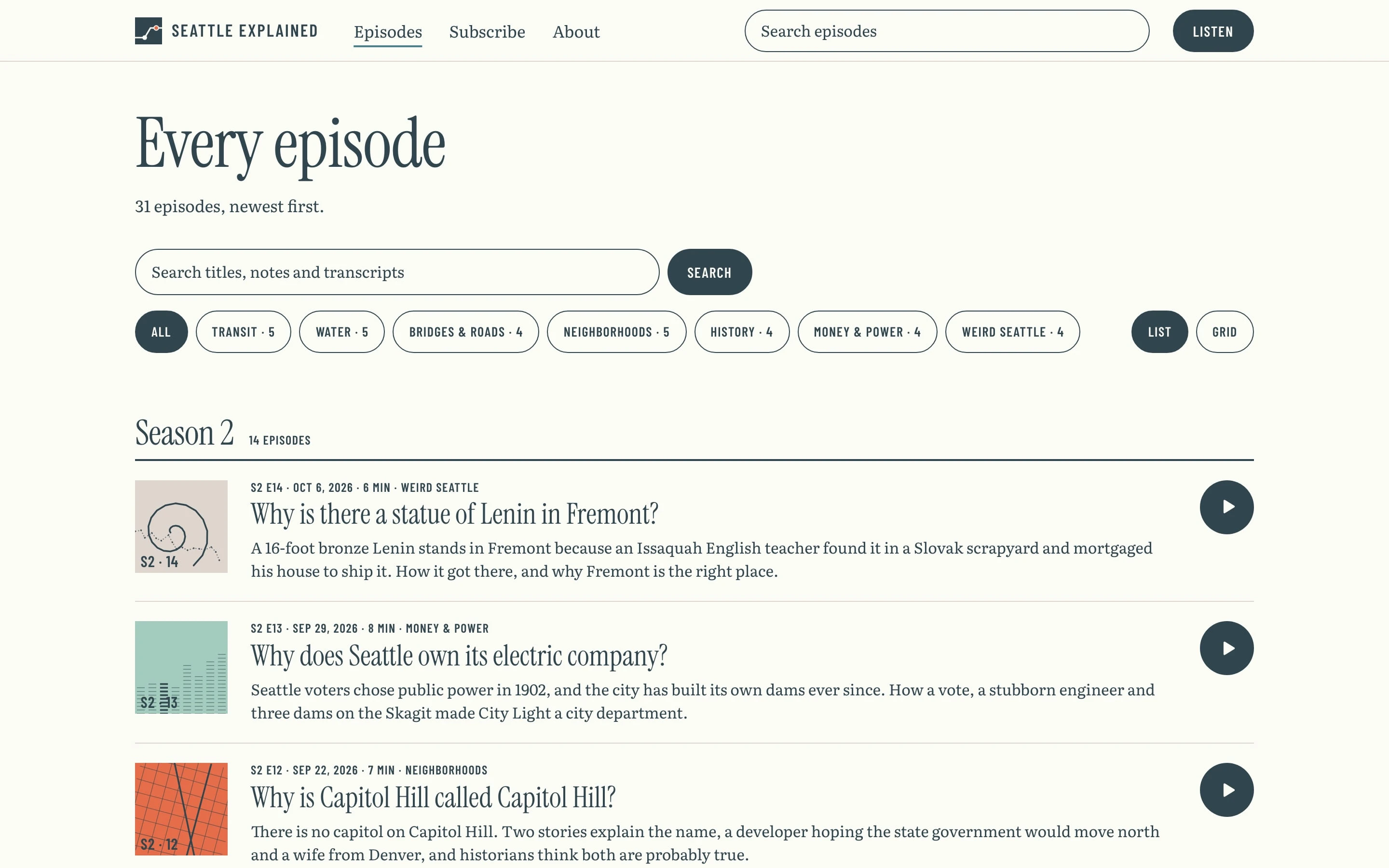 Every episode, with topic filters and search