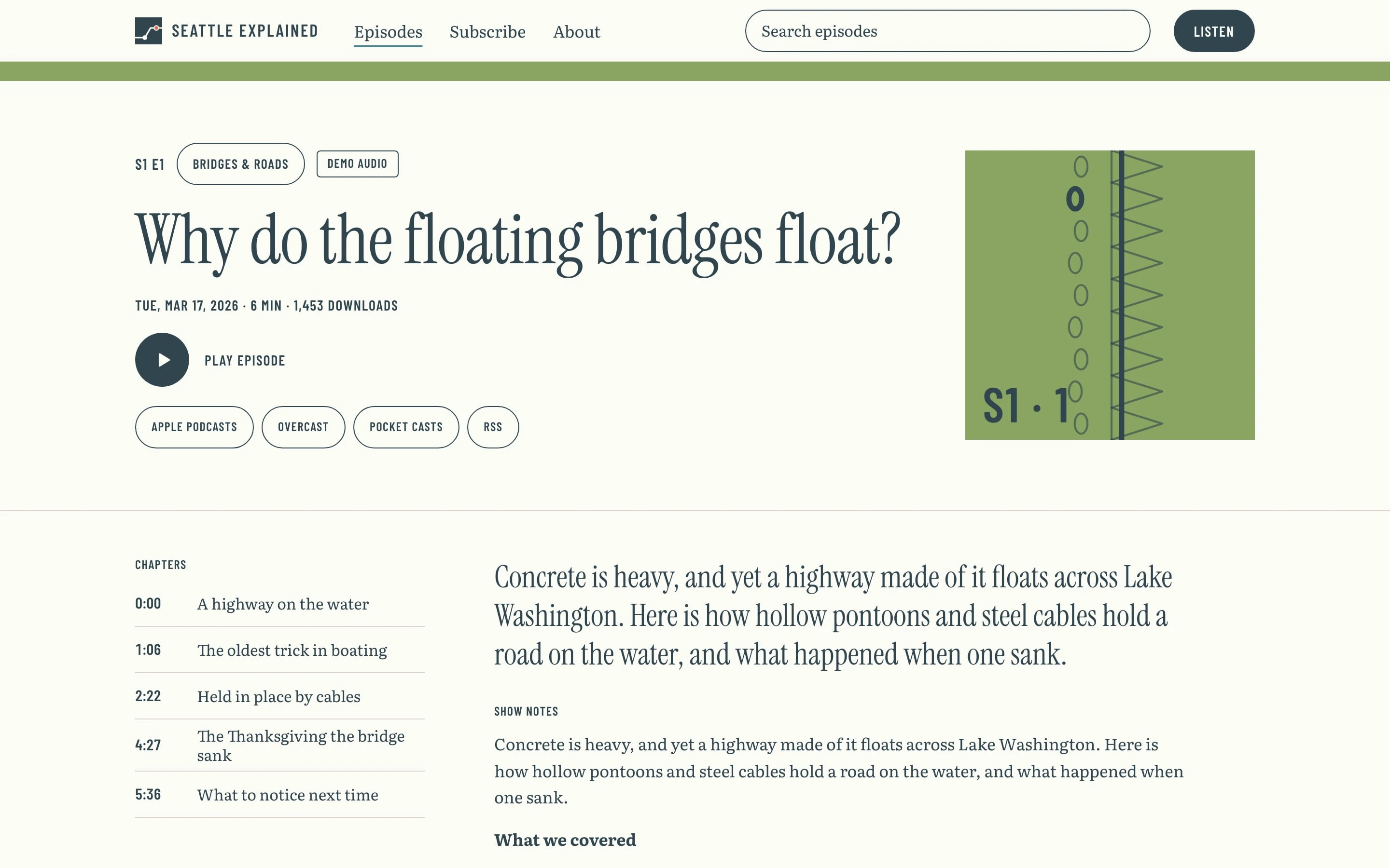 An episode page: Why do the floating bridges float?