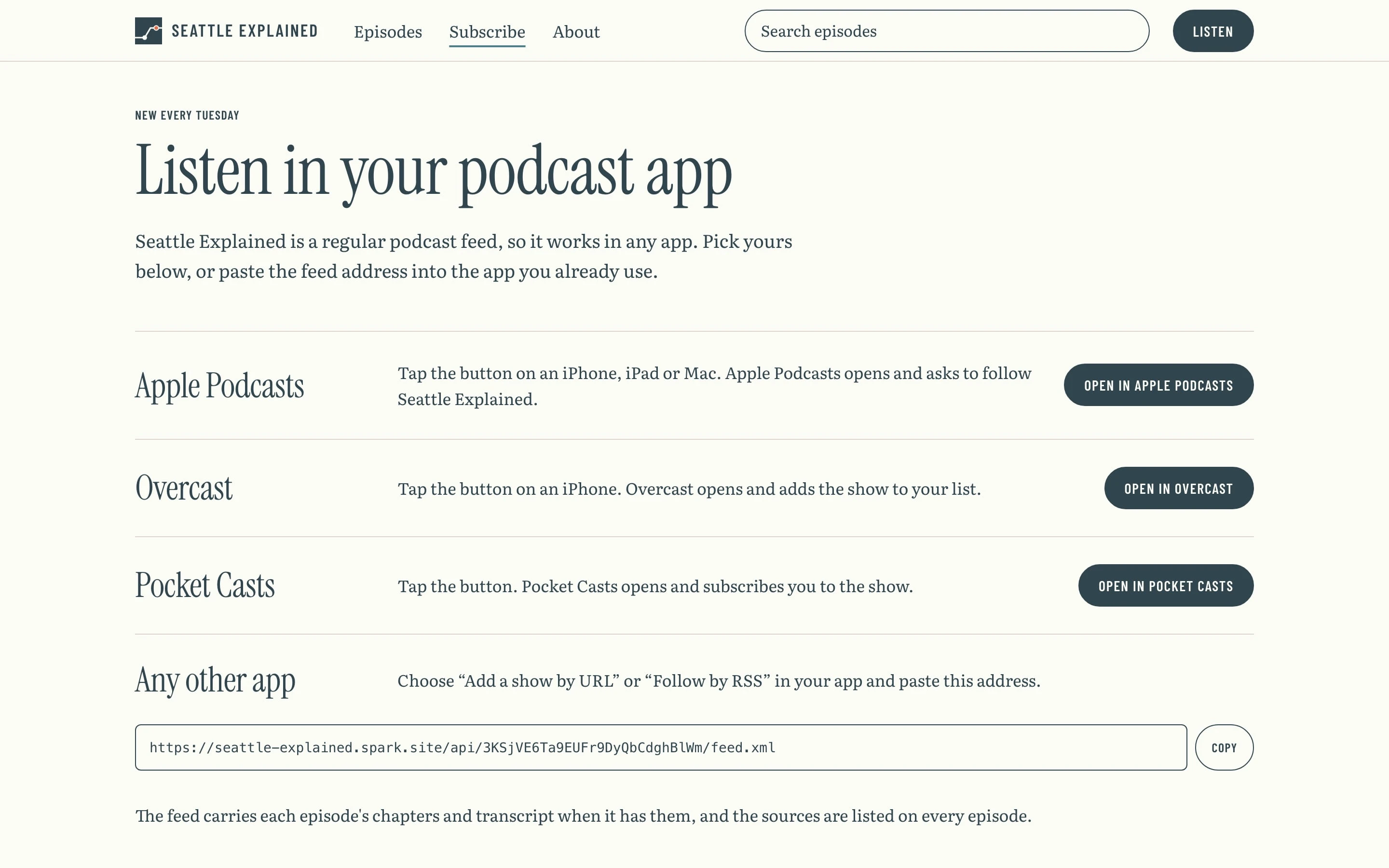 Listen in your podcast app, with buttons for each app
