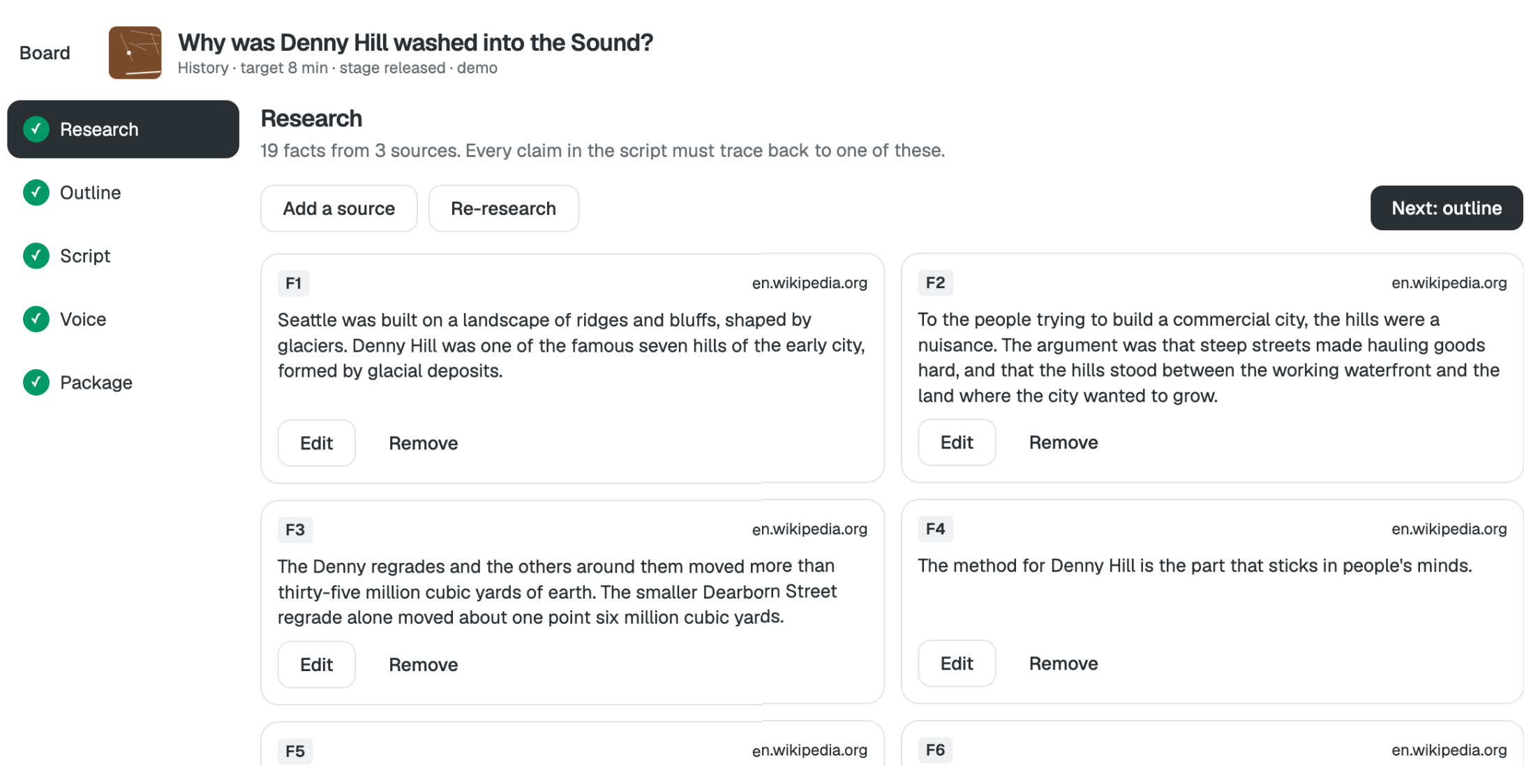 The Episode Generator at the research step: numbered facts, each quoting its source