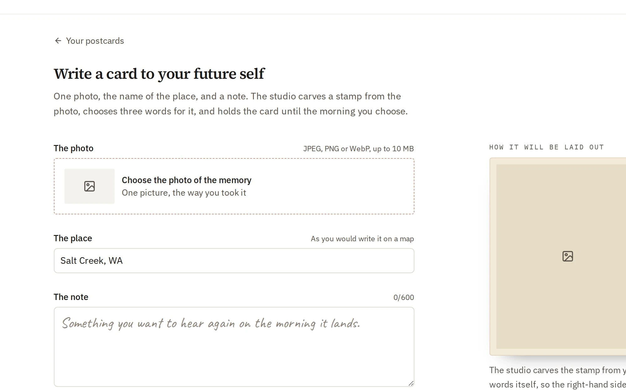 The PrettyPostcard app: write a card to your future self with a photo, the place, and a note