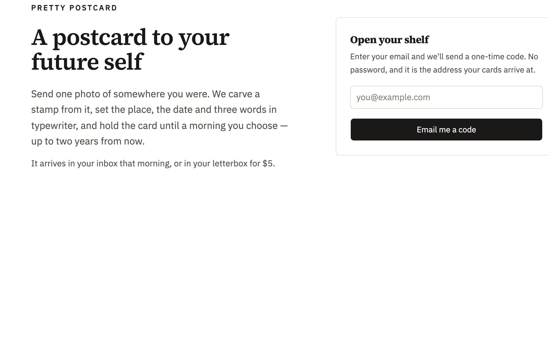 The web app: A postcard to your future self, with an email sign-in