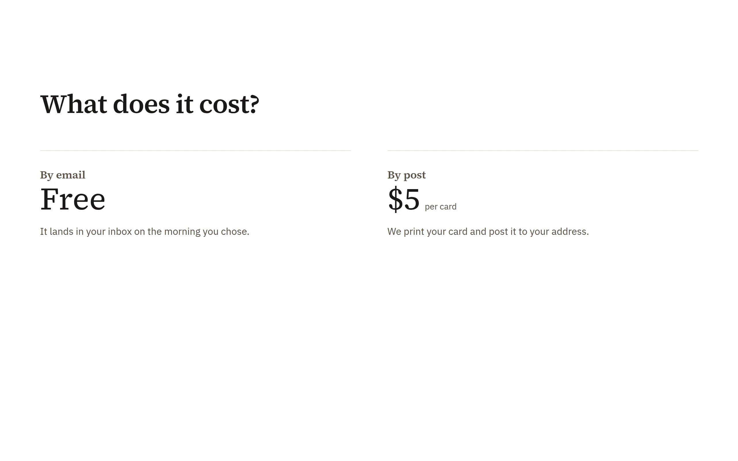 What does it cost: free by email, $5 by post
