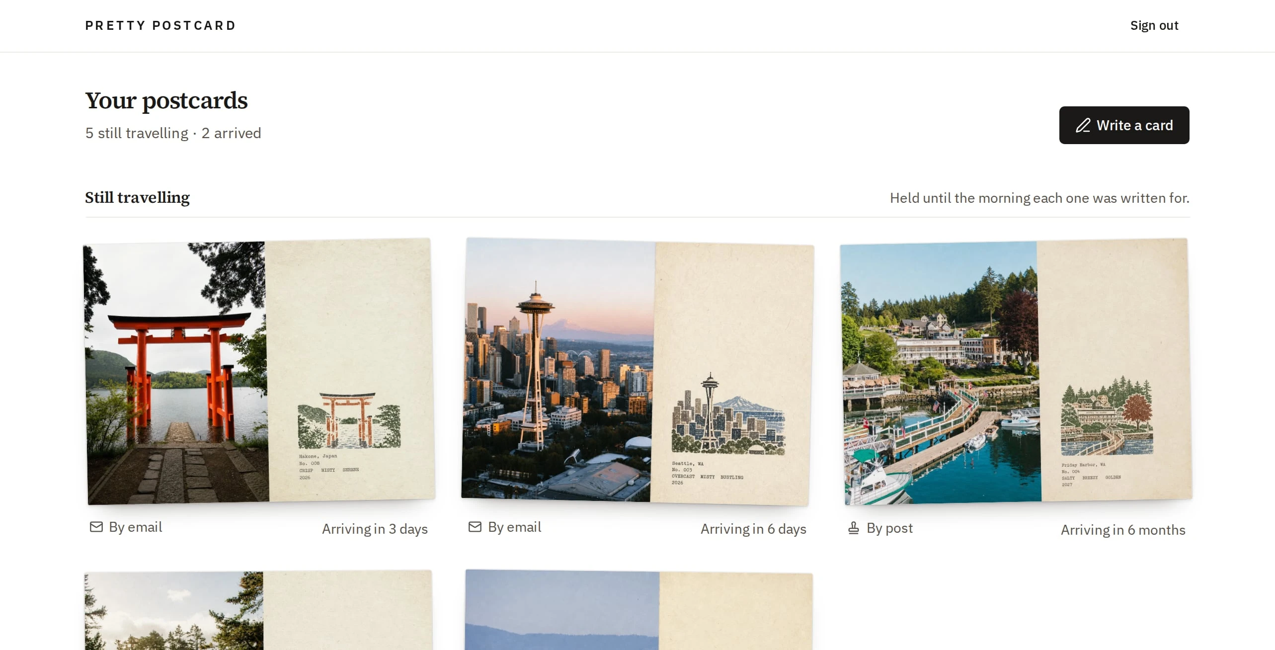 PrettyPostcard's shelf: postcards still travelling to their writer, each with its arrival date