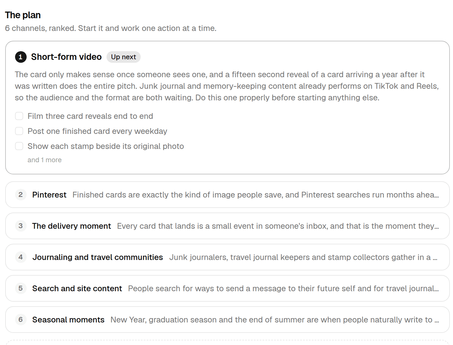 Marketing: a ranked plan of six channels, with the first one open
