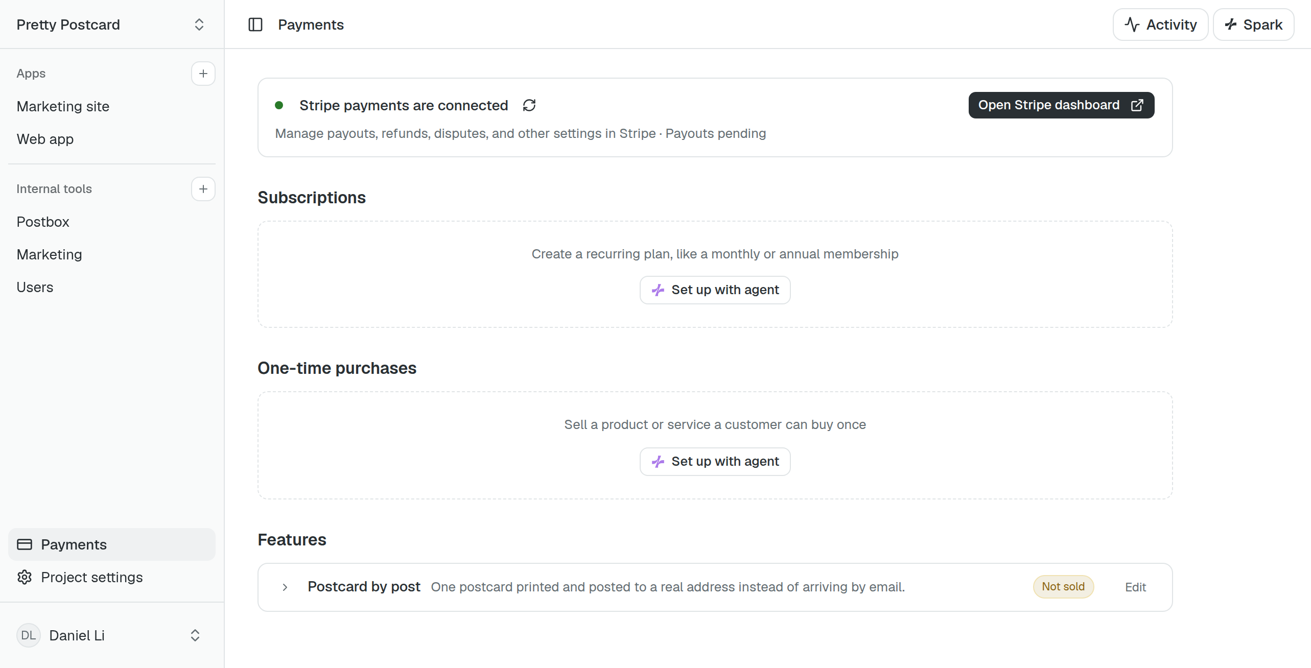 Pretty Postcard's payments in Spark: Stripe connected