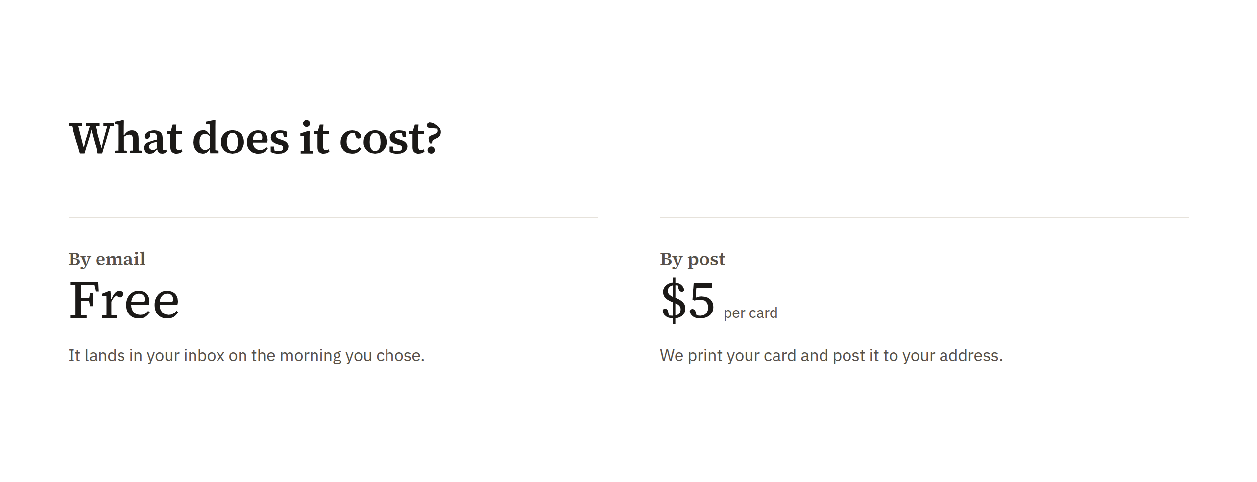 PrettyPostcard's pricing: free by email, or $5 a card to print and post it