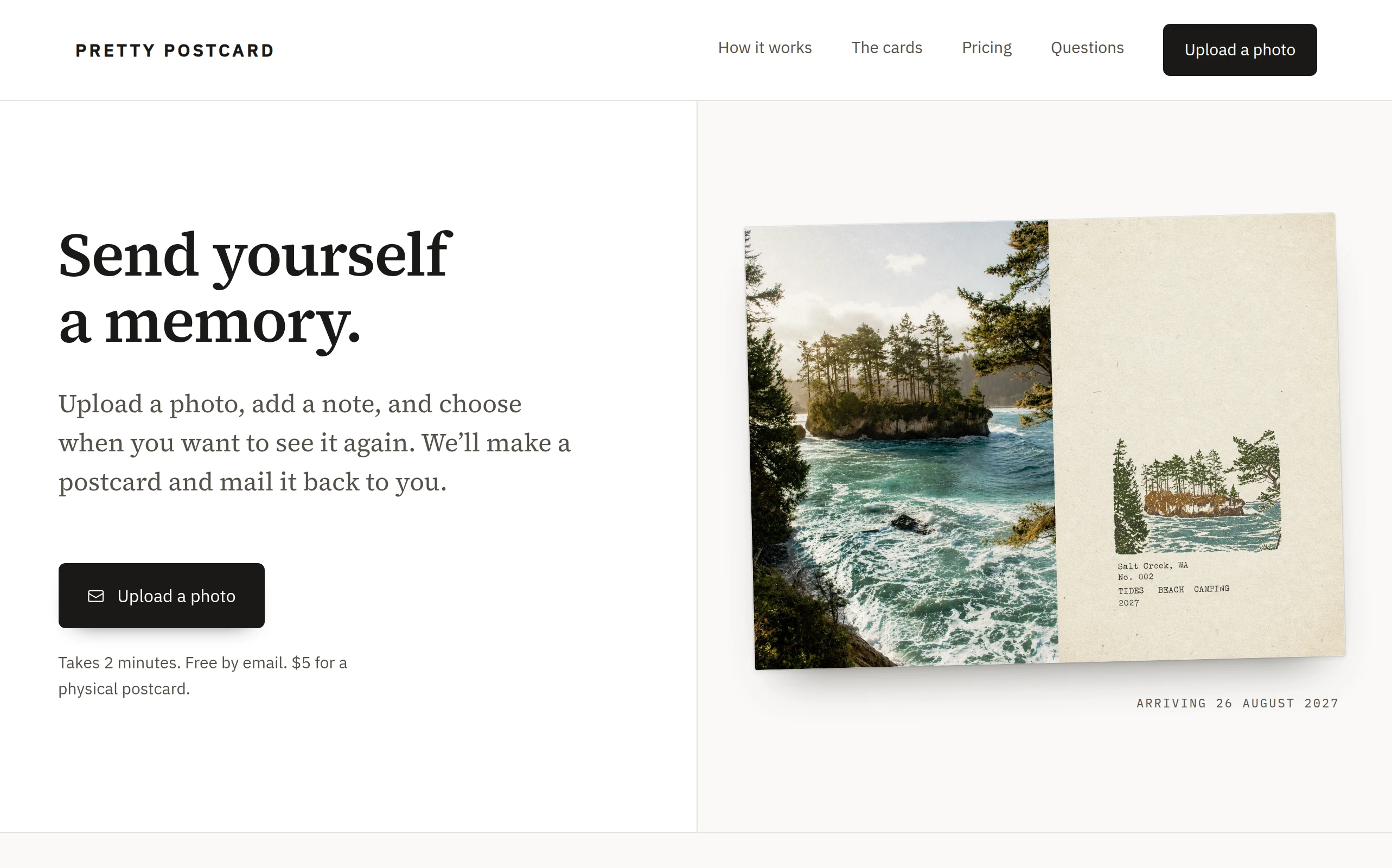 PrettyPostcard live: “Send yourself a memory.” beside a postcard of a rocky cove