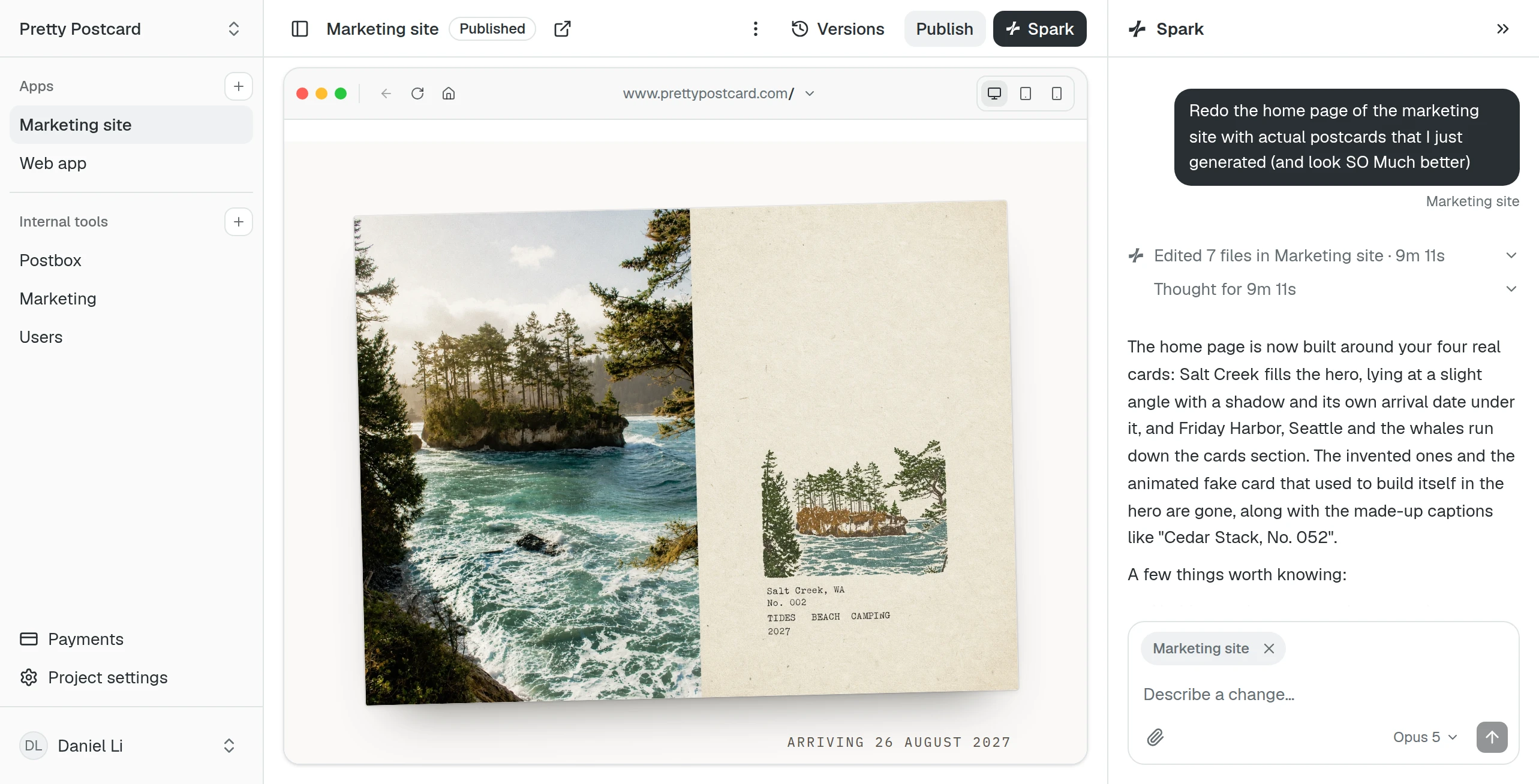 Pretty Postcard in Spark: the site preview beside the build conversation