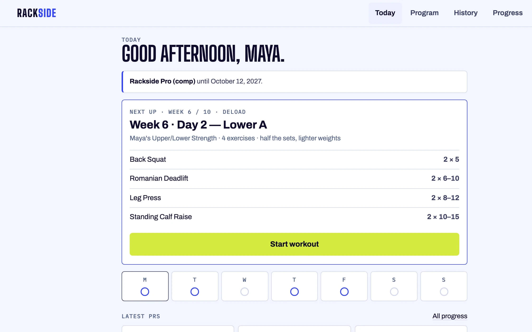 Today: Week 6, Day 2, Lower A, with recent personal records