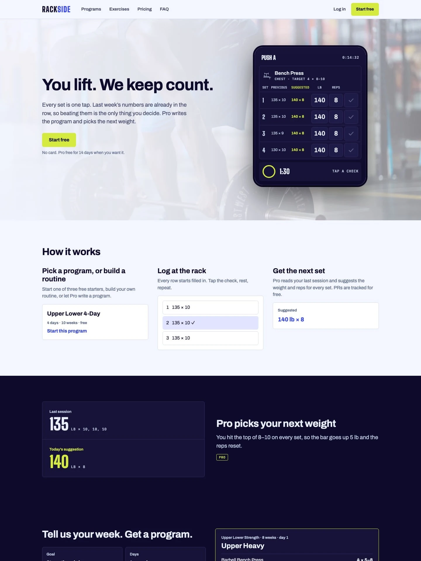 The top of the Rackside Workout Tracker home page