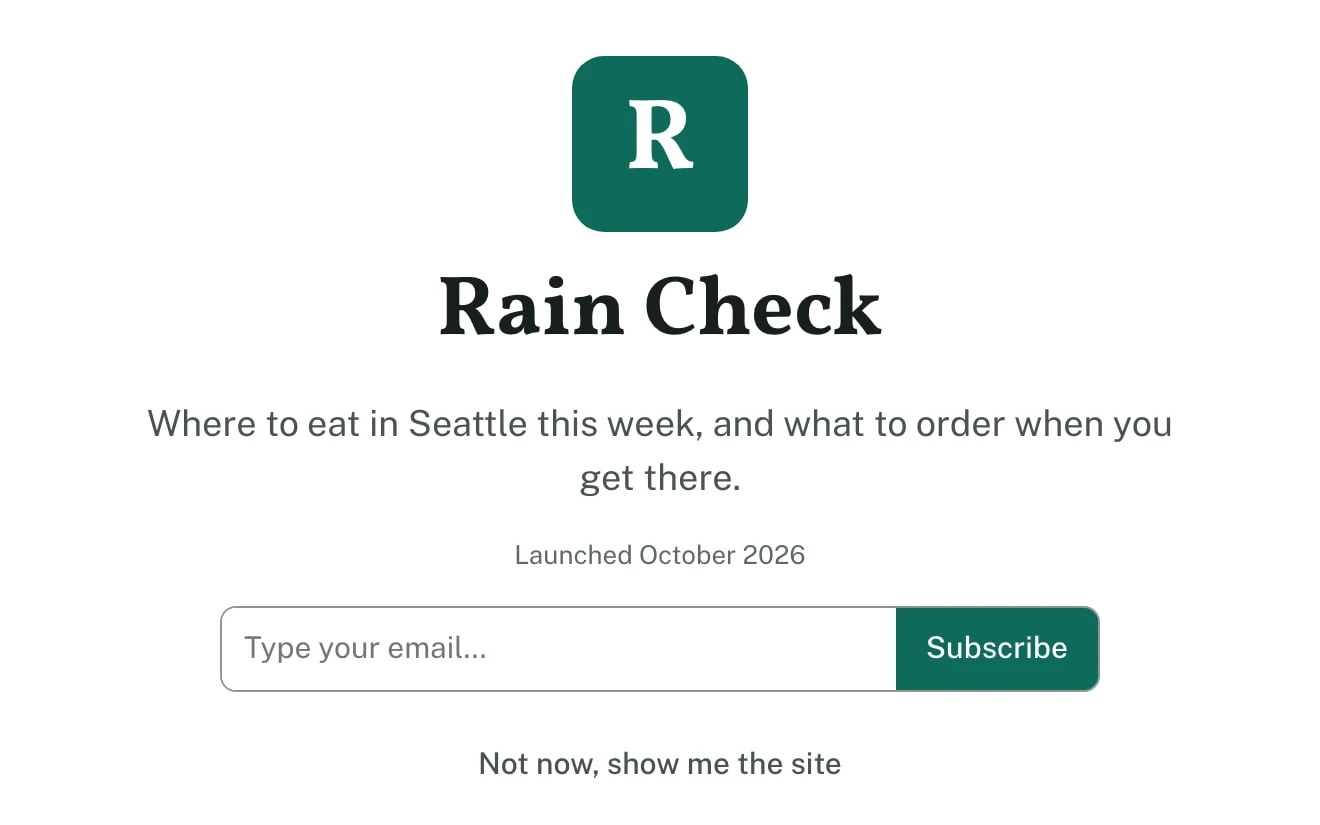 The sign-up screen: Rain Check with an email box and Subscribe