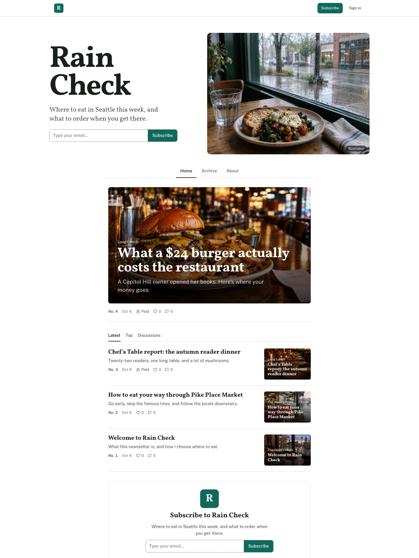 The top of the Rain Check home page