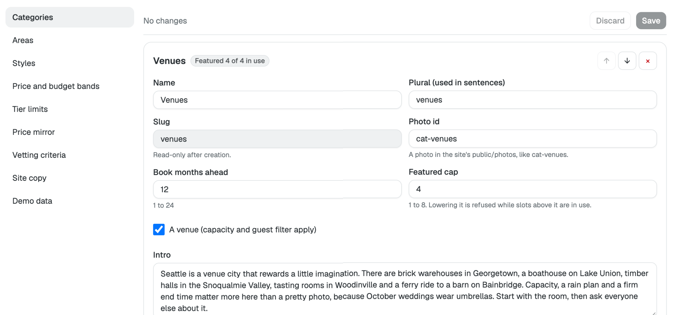 Directory setup: the categories list beside the Venues settings
