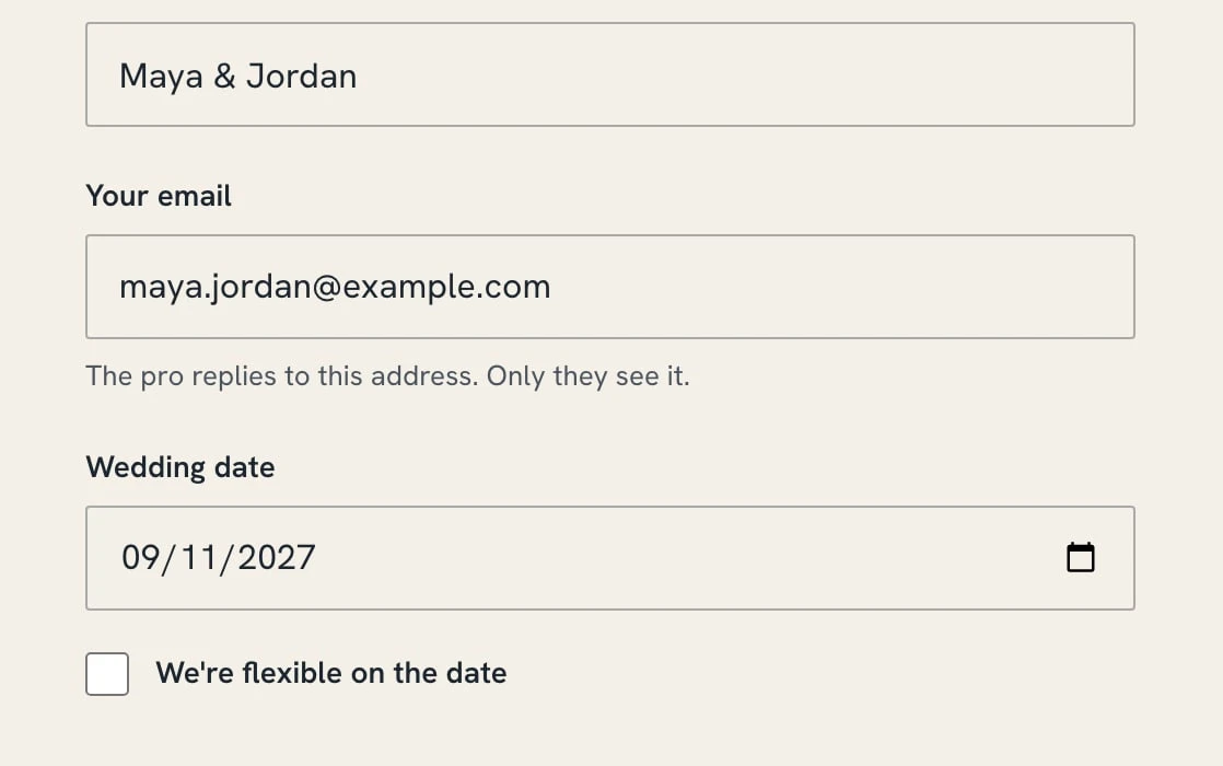 The inquiry form filled in for Maya & Jordan