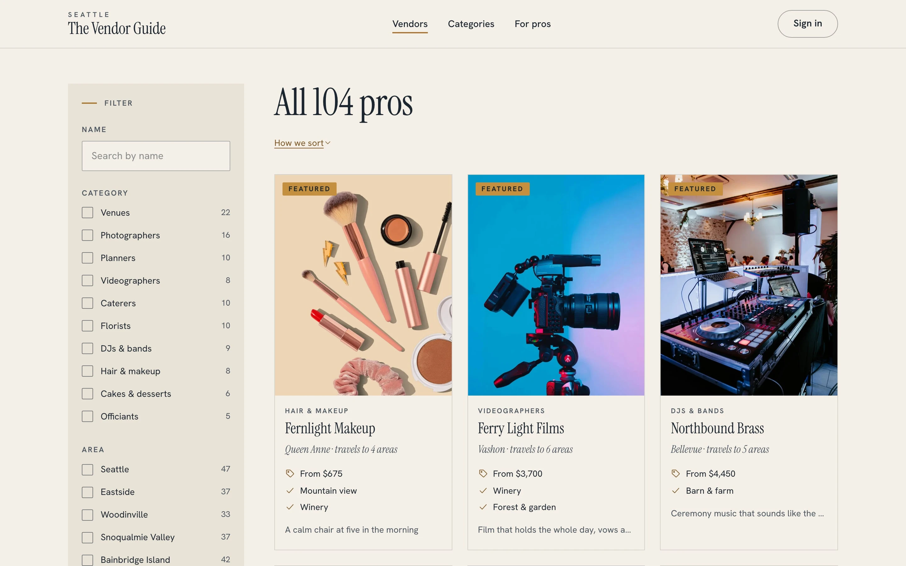 All 104 pros, with filters and featured vendors