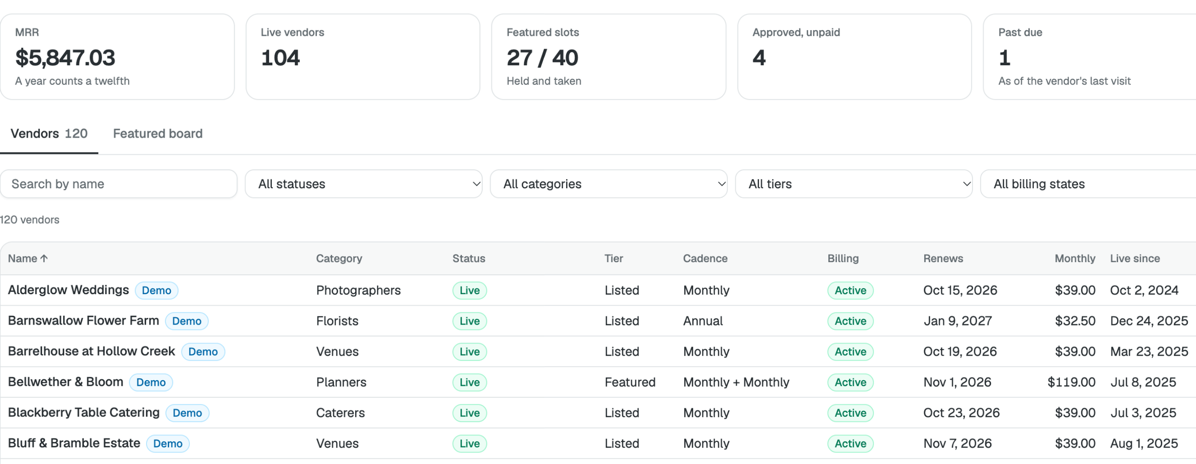 Vendors & billing: MRR and live vendors above the vendor list
