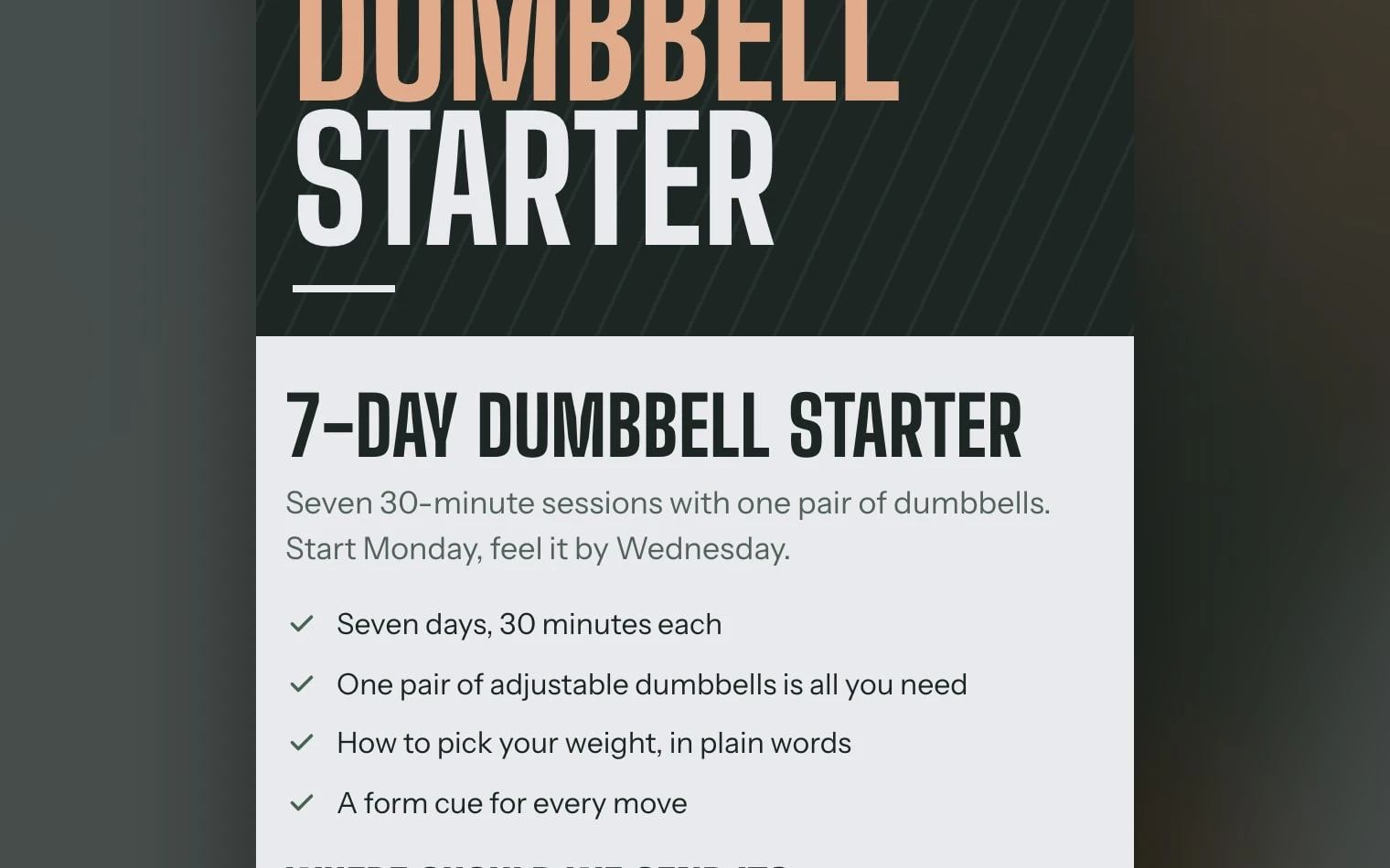 The free guide page: 7-Day Dumbbell Starter with an email form