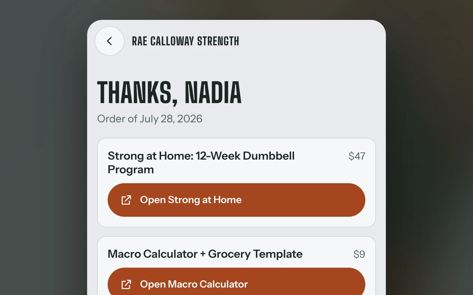 Thanks, Nadia: the order page with Open buttons for each download