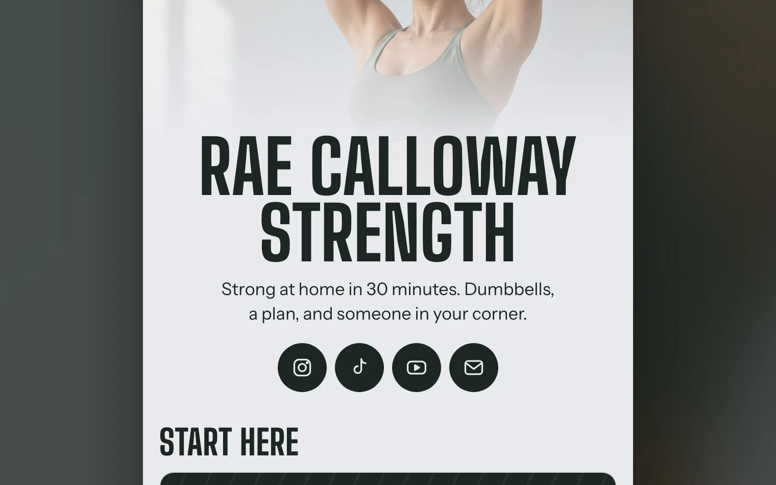 The bio page: Rae Calloway Strength with links and products
