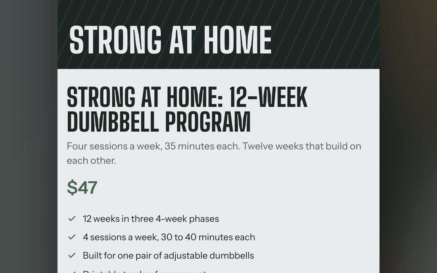 A product page: Strong at Home, a 12-week dumbbell program for $47