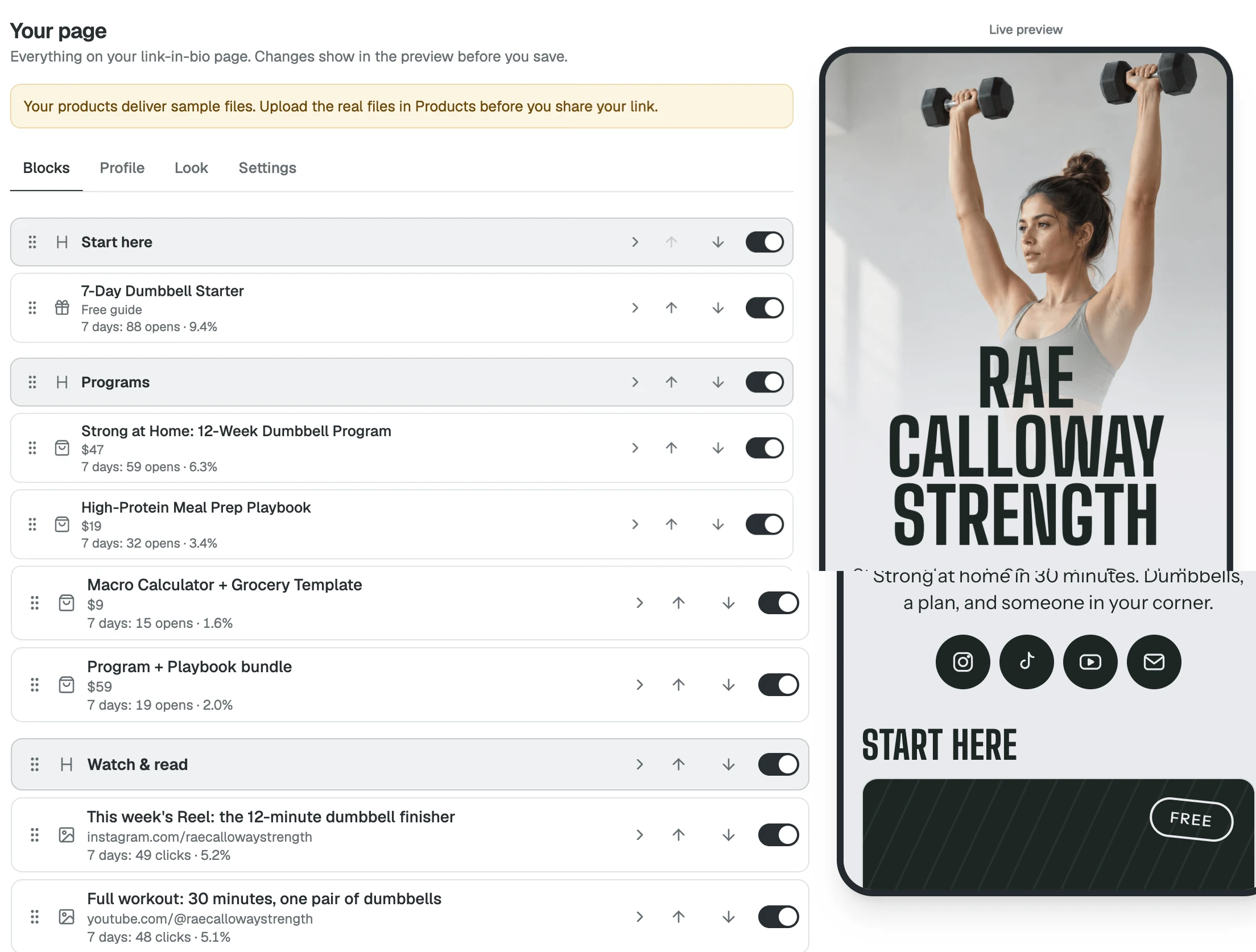 My Page: the page's blocks beside a live phone preview