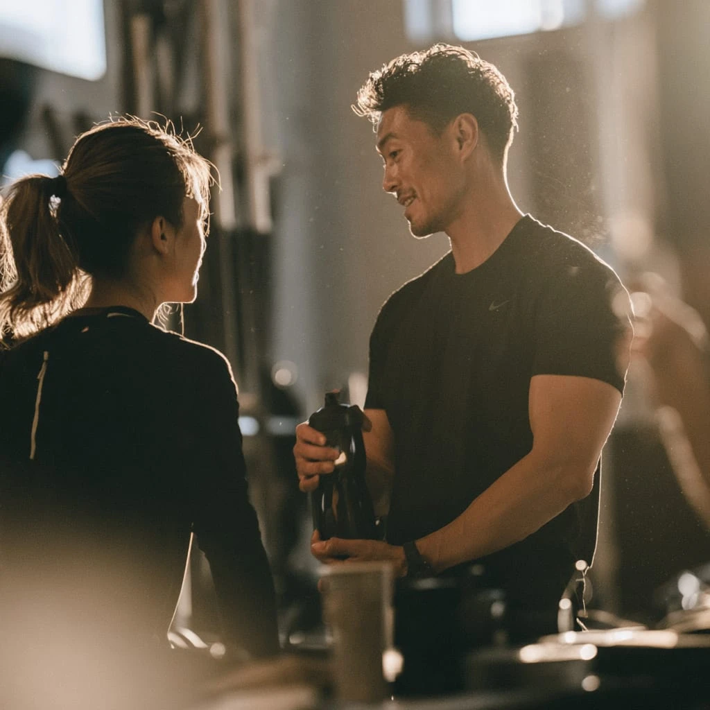 One person handing something to another after a session