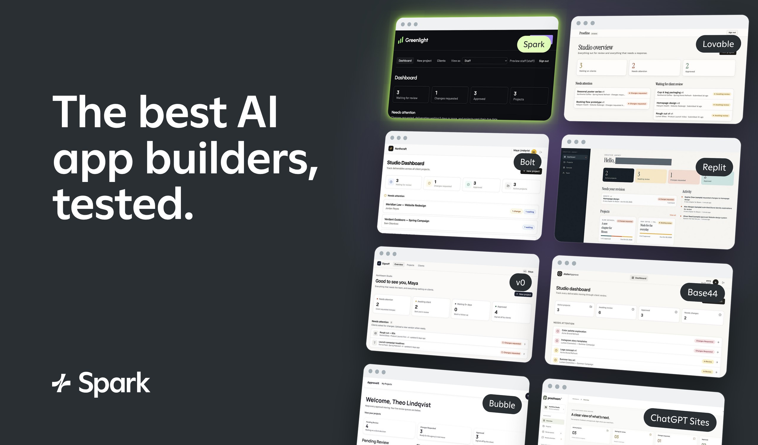 ‘The best AI app builders, tested.’ beside the dashboards that Spark, Lovable, Bolt, Replit, v0, Base44, Bubble and ChatGPT Sites built in the test, with the Spark logo.