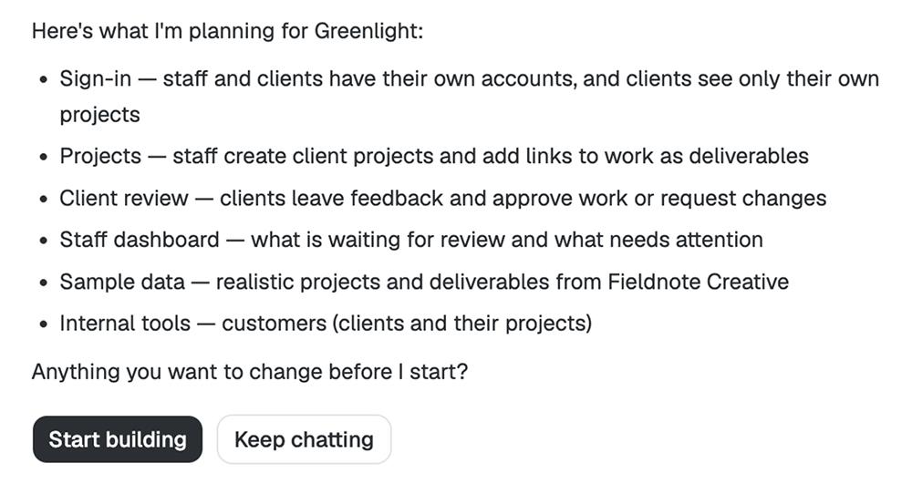 Spark’s build plan for the Greenlight client portal, listing sign-in, projects, client review, a staff dashboard, sample data and internal tools, with Start building and Keep chatting buttons.