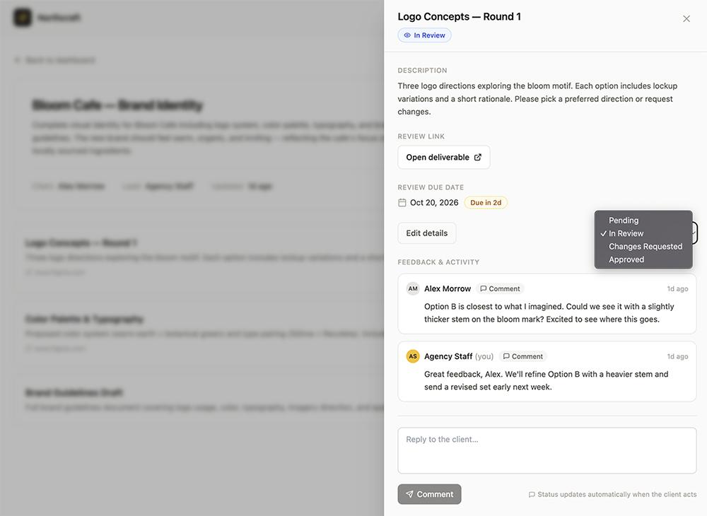A Northcraft deliverable panel with a status dropdown listing Pending, In Review, Changes Requested and Approved, above a feedback thread.
