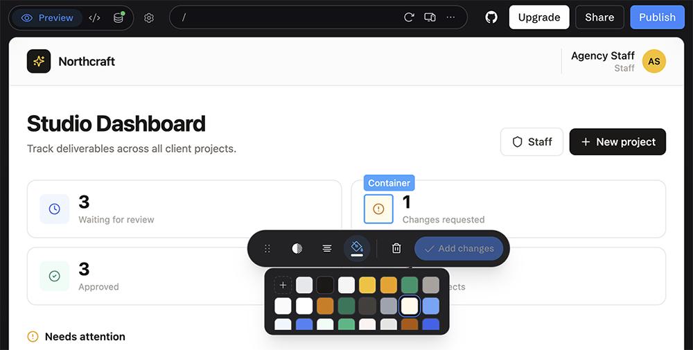 Bolt’s visual editor open on the Northcraft dashboard, with a color picker on a selected card.