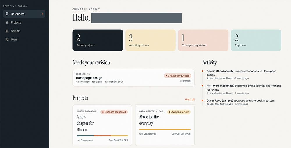 The Creative Agency dashboard built by Replit, with color-coded counts, projects needing revision and an activity stream.