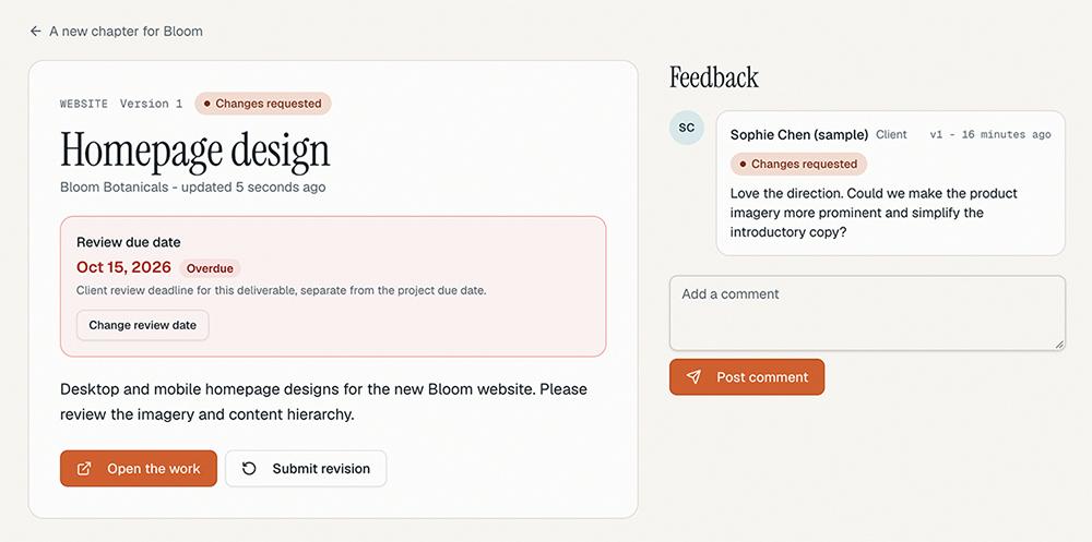 A Replit-built deliverable page with an overdue review date highlighted in red beside the client feedback.